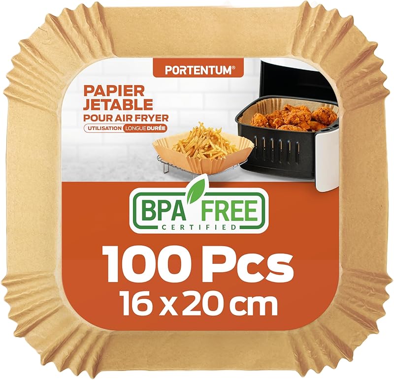 PORTENTUM Air Fryer Baking Paper - 100 Pieces Food-Grade BPA Free, 16 x 24 cm, for Oil Free Deep Fryer 3-4.5 L