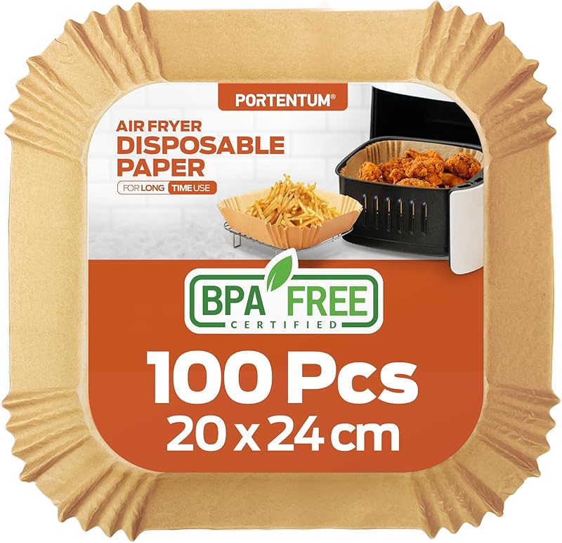 PORTENTUM Air Fryer Baking Paper - 100 Pieces Food-Grade BPA Free, 20 x 24 cm, Suitable for Deep Fryers 5-8 L,