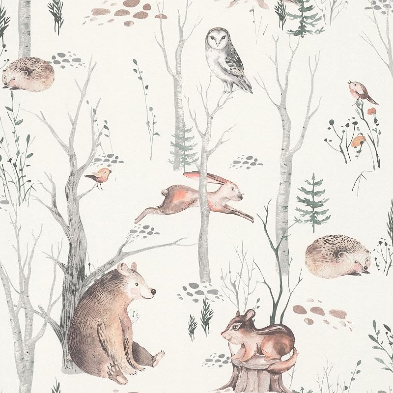 Rasch Wallpaper 300048 Forest Animals Light Non-Woven Wallpaper Beige Brown Green Delicate Children's Room Wal