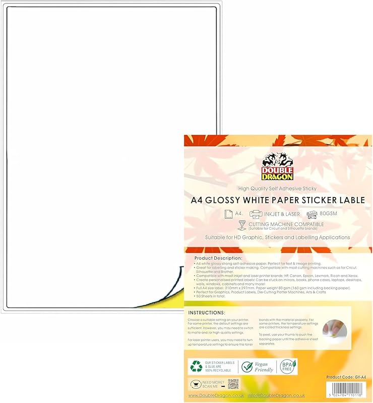 Double Dragon 50 Sheets A4 White Matt Self-Adhesive Self-Adhesive Paper Labels for Inkjet & Laser Printing, Qu