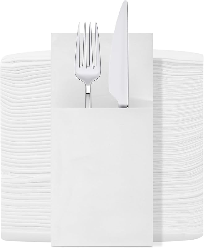 Trimming Shop 50 Pack White Disposable Napkins with Built-In Cutlery Pocket, Linen Feel - Prefolded for Weddin