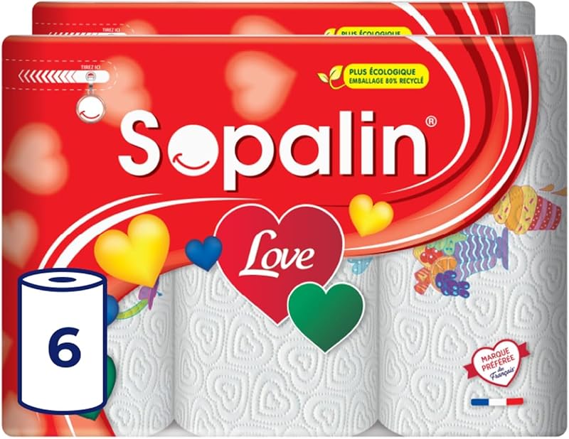 Sopalin Love, 6 Rolls Kitchen Towel, 2 Ply | 47 Sheets per Roll, Decorated with a Heart-Shaped Texture, White