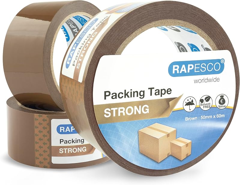 Rapesco 1750 Rouleaux de Ruban Adhésif d’Emballage Résistant, 50mm x 60m, Marron, Lot de 3 | Heavy Duty, 50mm