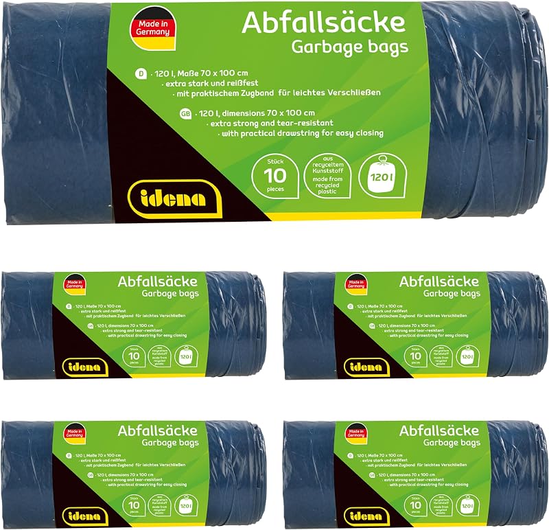 Idena 50056-5 - Bin Liner Set, 5 Rolls of 10 Pieces, Blue, 120 Litre, 40µ Extra Strong and Tear-proof, with Pr