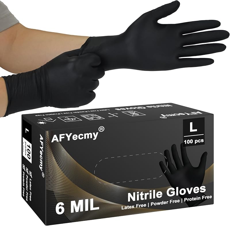 AFYecmy Lot de 100 gants jetables en nitrile noir de 6 ml - Sans poudre - Résist