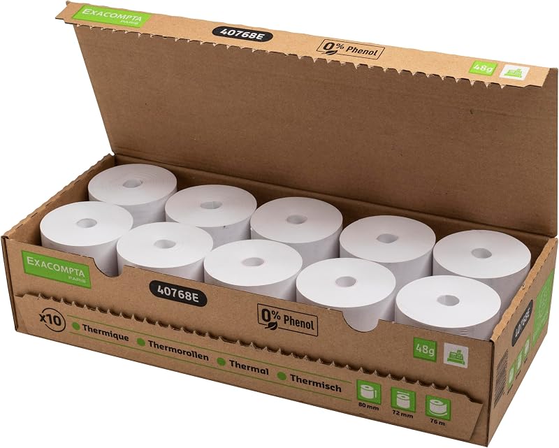Exacompta - Ref 40768E - Box of 10 thermal reels for receipts - width 80 mm x diameter 72 mm, 1 thermal ply 48