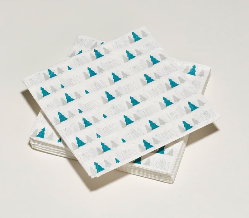 20 Cotton Wadding Napkins 33 x 33 cm 3-Ply Xmas Tree Blue Silver