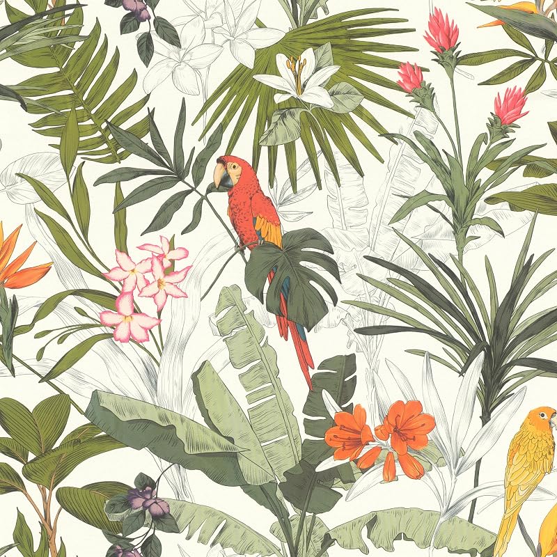 Rasch Jungle Parrots Green Red Orange Fleece Wallpaper Light Fleece Wallpaper 10.05 x 0.53 m (L x W)