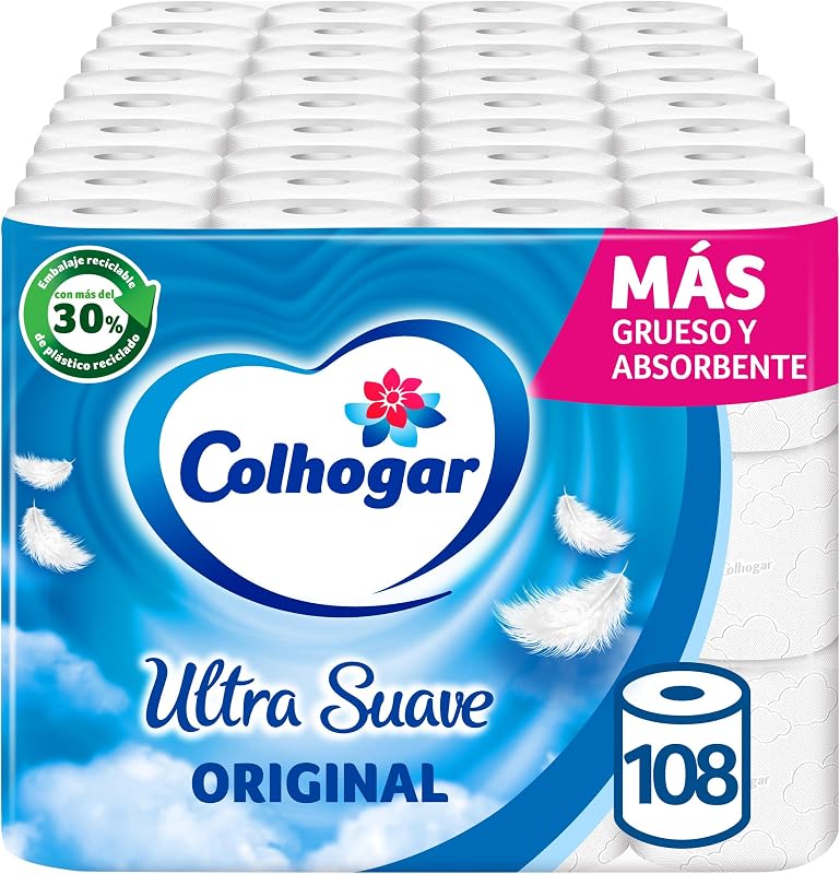 Colhogar Ultra Doux Original x108 - White 2-Ply Toilet Paper - 9 Packs of 12 Rolls, Fragrance Free