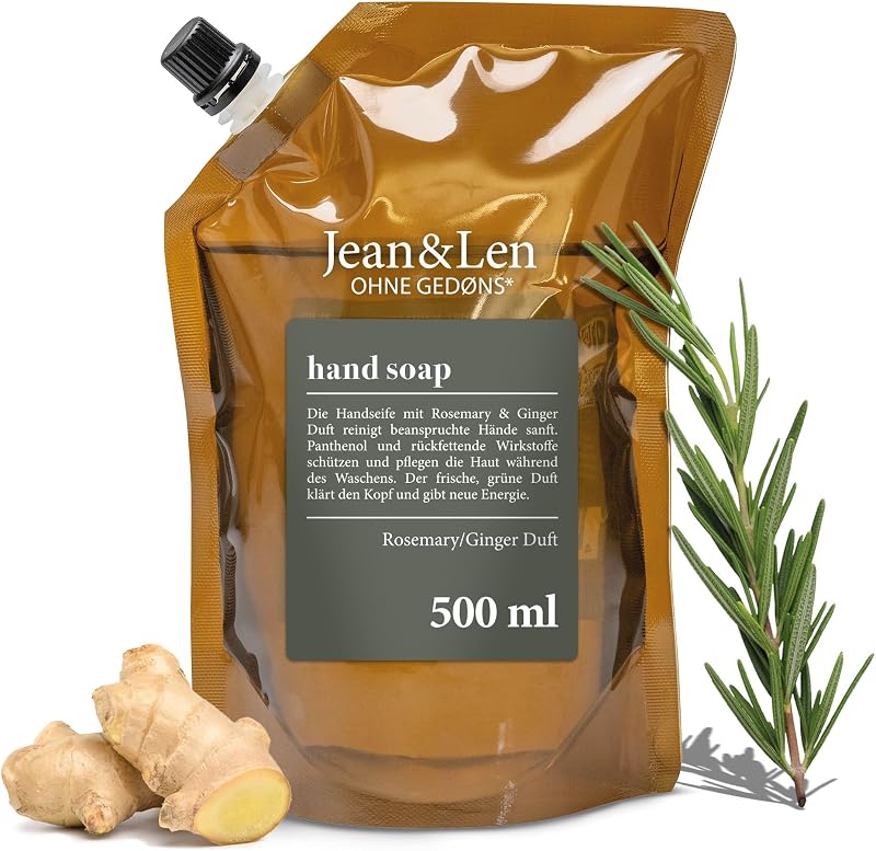 Jean & Len Rosemary & Ginger Hand Soap, Cleans Damaged Hands, For Daily Use, Liquid Soap Refill, No Parabens,