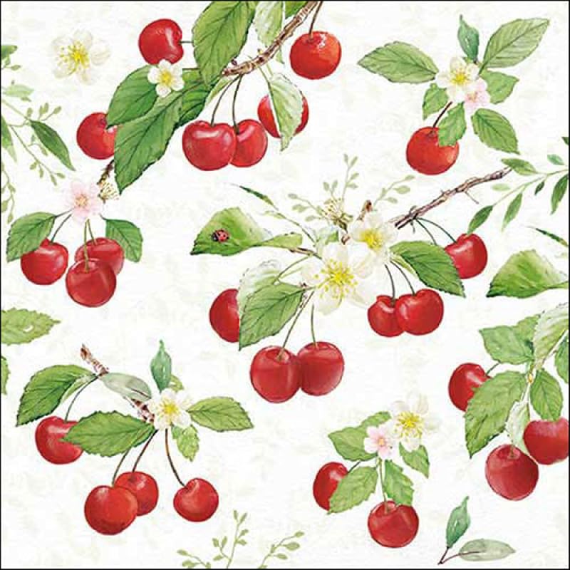 20 paper napkins with "Essen Kirschen an Blumenzweige" design, ideal for decoupage and napkin technique, 33 x