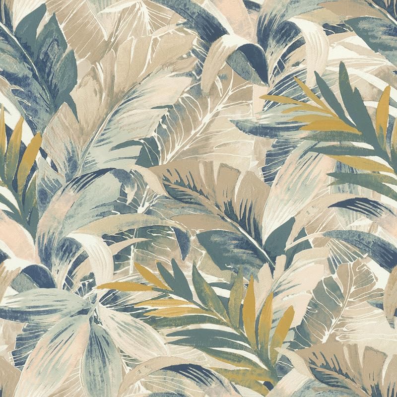 Rasch 865202 Palm Leaves Fleece Wallpaper Light Beige Green Blue Jungle Palm Trees Tapestry Roll 10.05m x 0.53