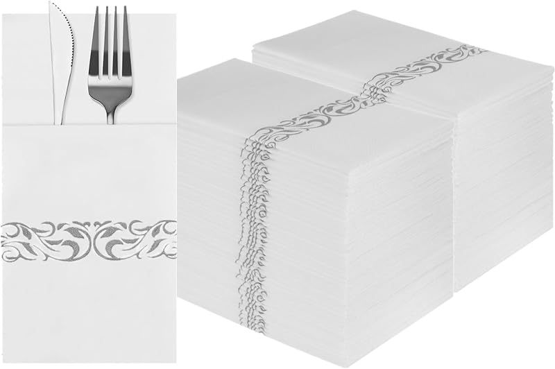 DADAWU 100 x White Linen Feel Disposable Napkins with Built-In Cutlery Pocket - Silver Paper Napkins for Party