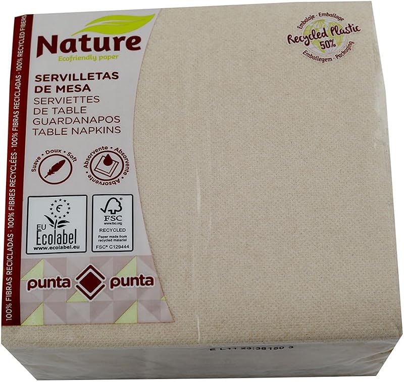 Recycled paper napkins, 2-ply, eco-friendly, 100% recycled fibres, packaging 50% recycled plastic, 33 x 33 cm.