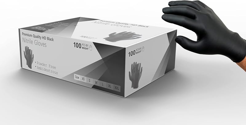 100 Gants d'examen jetables en nitrile noir Strong HD – Sans poudre, sans latex 