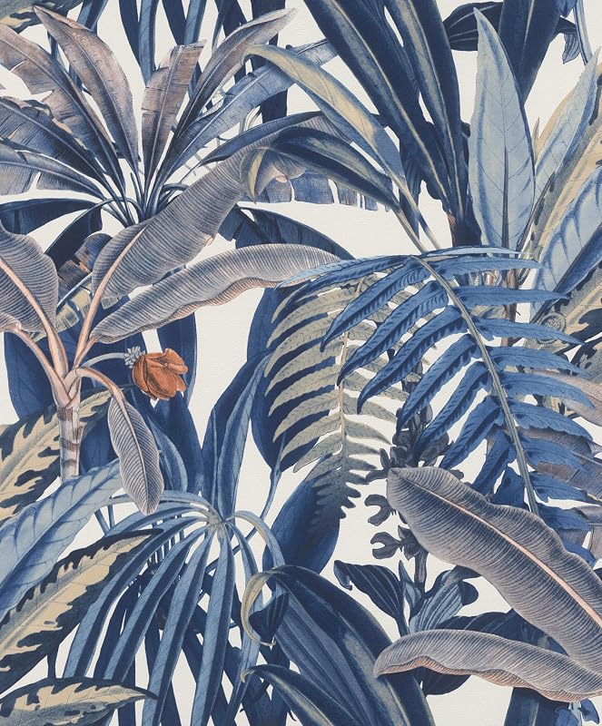 Rasch Symphony 689501 Non-Woven Wallpaper with Exotic Leaves Design 10.05 m x 0.53 m Blue / Grey
