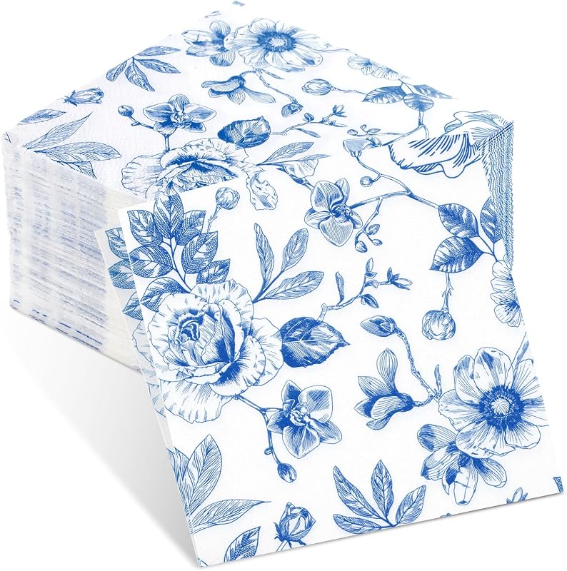 Outus 100 Pack Cocktail Napkins 3-Ply Blue and White Floral Disposable Napkins, Blue Hydrangea Napkins, Weddin