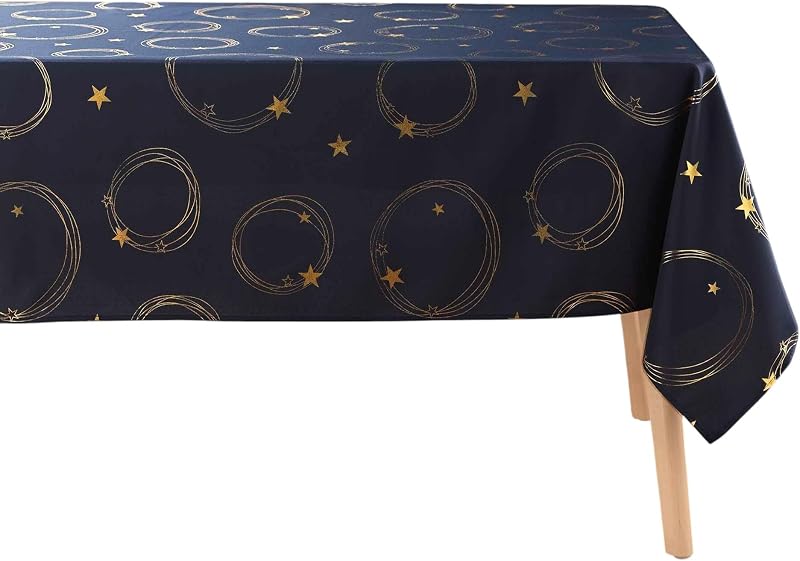 Douceur d'Intérieur, Rectangular Party Tablecloth (150 x 240 cm) Star Navy/Gold, Metallic Printed Polyester