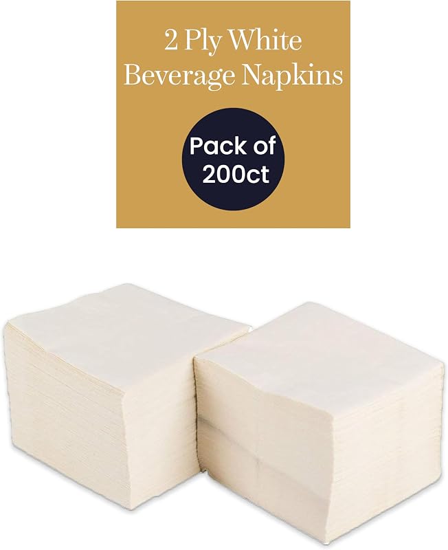 Lot de 200 serviettes en papier jetables à 2 plis - Pour cocktails et usage quotidien - Blanc - 24,9 x 24,9 cm