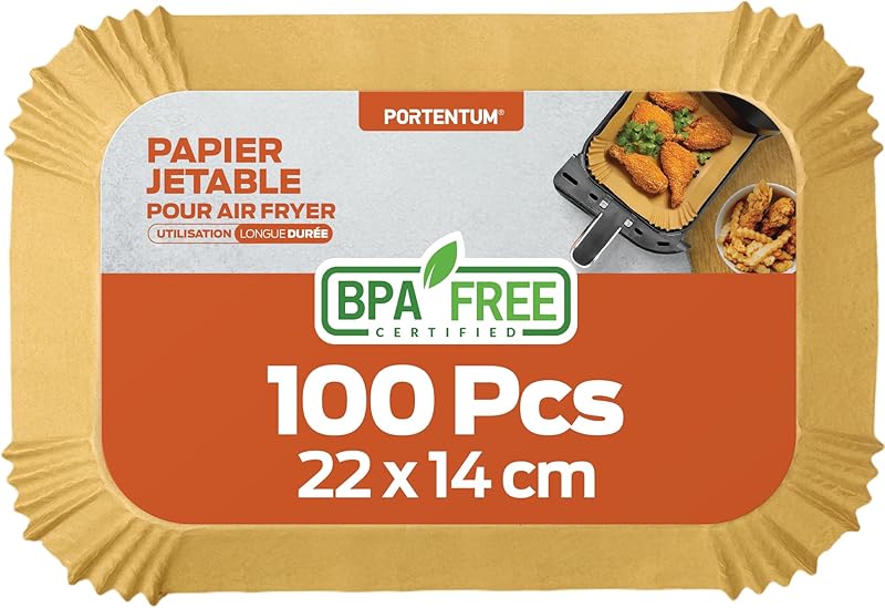 PORTENTUM Air Fryer Baking Paper - 100 Pieces Food-Grade BPA Free, 22 x 14 cm Rectangular, Compatible Double F