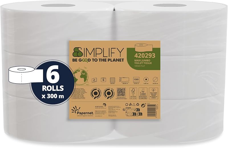 Papernet Simplify 2-Ply Toilet Paper (Pack of 6) | (420293) Maxi Jumbo Pure Cellulose Rolls 300 m each, 7830 s