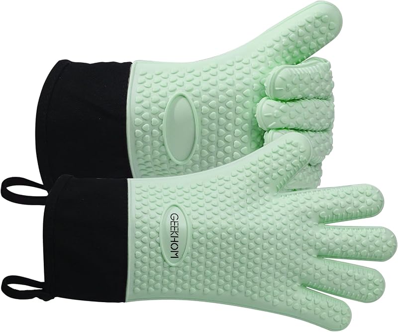 Anti Heat Resistant BBQ Gloves - GEEKHOM Silicone Cooking Gloves for Oven, Grill, Griddle and Smoker, Waterpro
