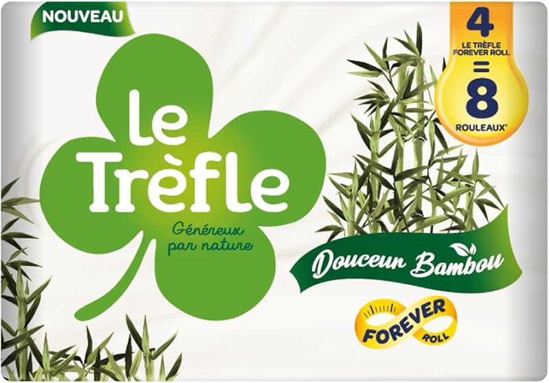 Le Clover Douceur Bamboo, 4 Rolls of Toilet Paper, 3 Ply | 260 Sheets per Roll, Naturally Skin-Friendly, Bambo
