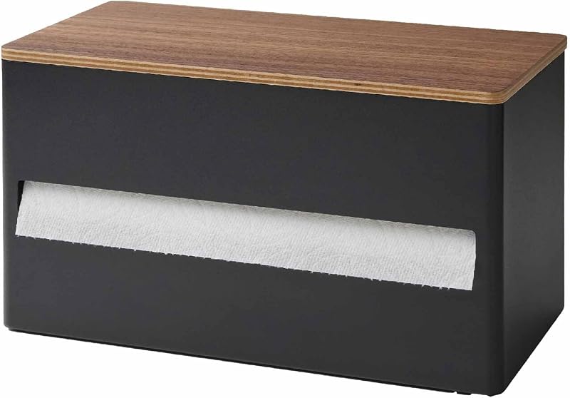 Yamazaki 1644 RIN Kitchen Paper Towel Holder, Black, Steel/Wood/Silicone, 31.2 x 16.3 x 17 cm