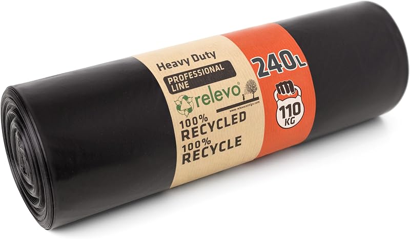 Relevo High Strength Professional Black Bags (Container) - 240L (Width 120cm x Height 140cm), 10 Bags per Roll