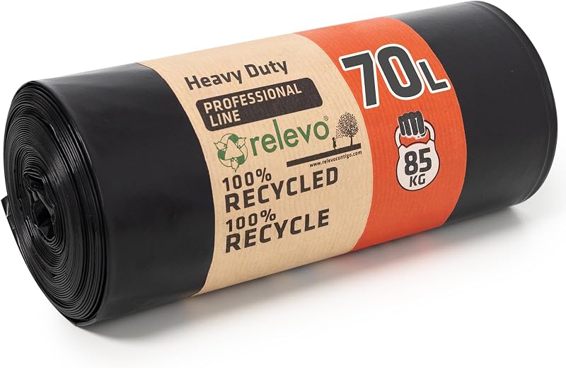 Relevo High Strength Professional Black Bin Liners - 70L (Width 73cm x Height 85cm), 10 Bags per Roll | Extra