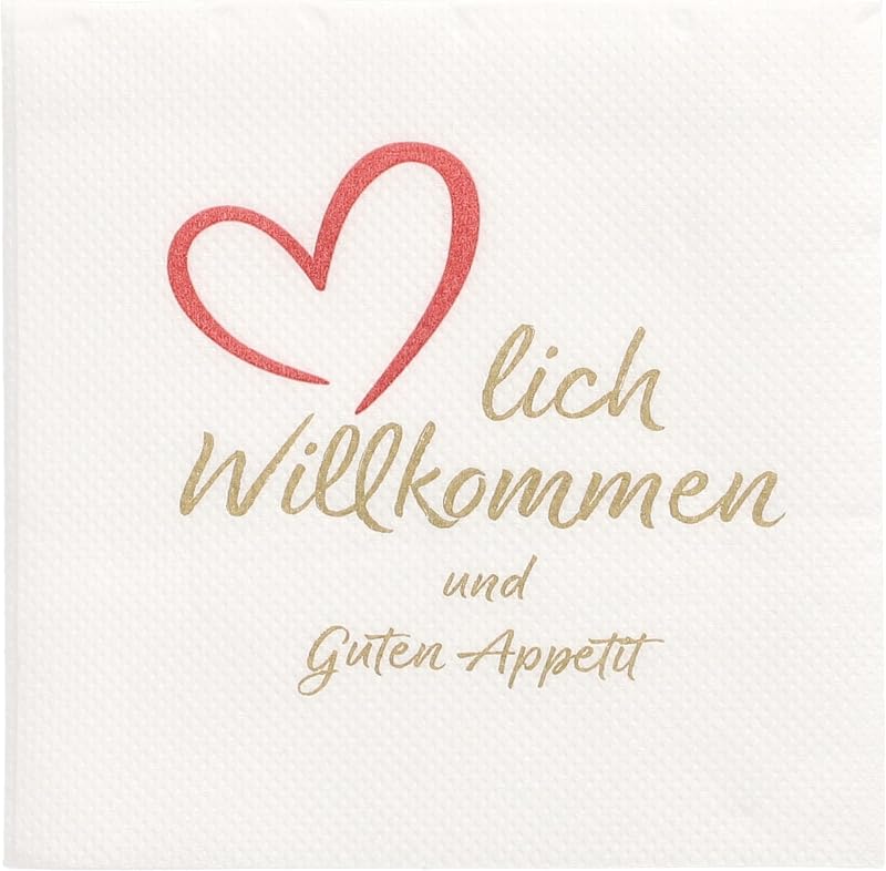 125 x 2-Ply "Punto" 1/4 Fold Paper Napkins 20 x 20 cm White "Herzlich Willkommen & Guten Appetit" Micro-Emboss