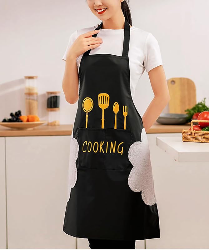 Kitchen Apron with Hand Wipe, Water Drop Resistant with 2 Pockets, Kitchen Apron for Men and Women