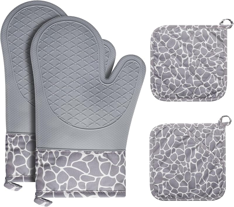 Cozary Set of 4 Kitchen Gloves, 1 Pair of Kitchen Gloves with 2 Oven Gloves, Non-Slip Silicone Oven Mitts for 