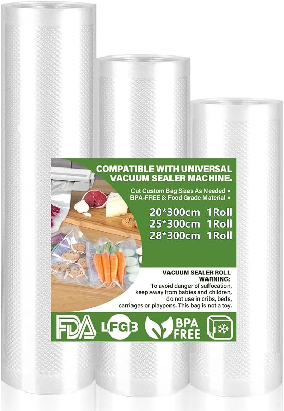 Food Vacuum Roll, 3 Packs 28/25/20 x 300 cm Vacuum Bag, Suitable for All Vacuum Machines, BPA-Free Food Vacuum