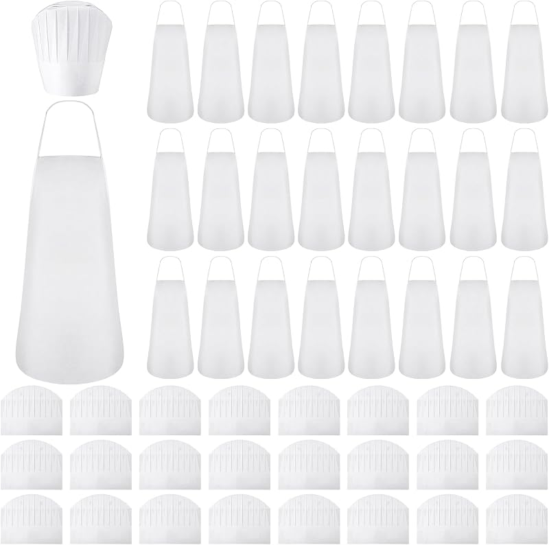 Coume Ensemble tablier jetable non tissé et chapeau de chef pour adulte - Tabliers de cuisine réglables - Chap