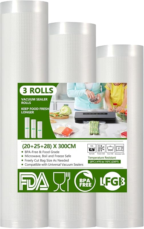 Diboniur Food Vacuum Bag, 3 Rolls 28/25/20 x 300 cm, Reusable Vacuum Bag, Suitable for All Vacuum Sealer