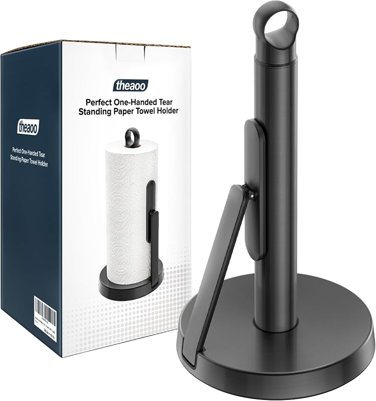 theaoo Heavy Duty Stainless Steel Paper Towel Holder with Tension Arm - Easy to Tear One Hand - Modern Kitchen
