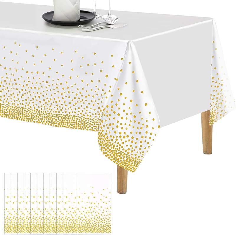 AKOLAFE 15 Pack Gold Polka Dot Disposable Plastic Tablecloths for Parties, 54 x 108 Inch, White Rectangular Ta