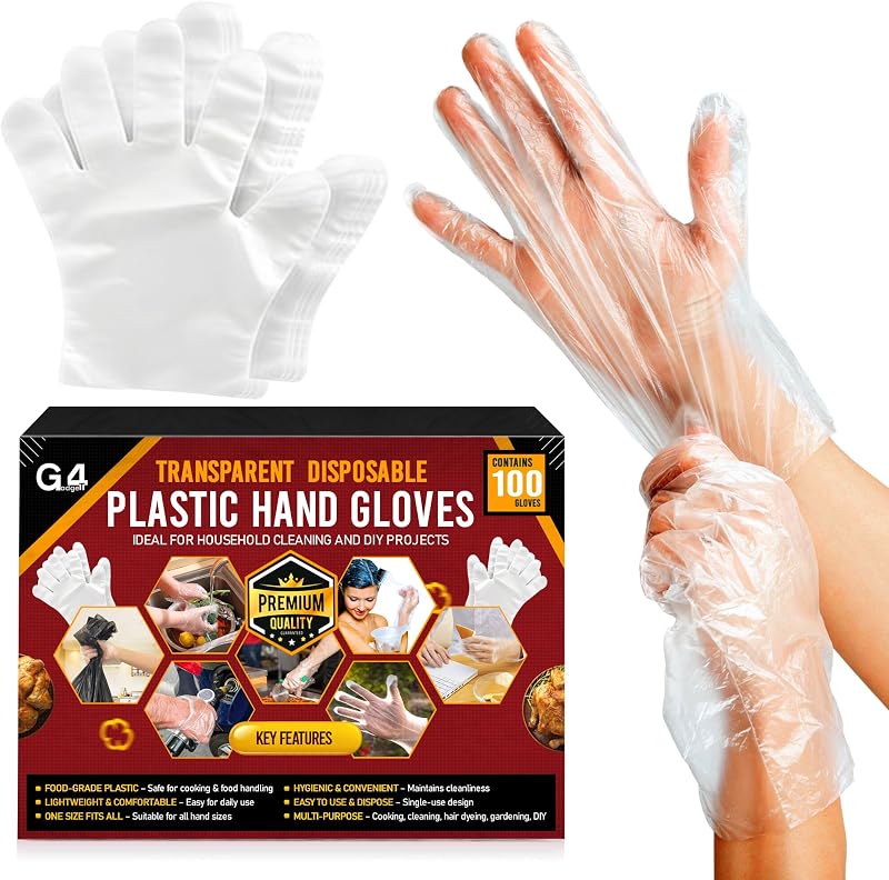G4GADGET 100 Pack Disposable Plastic Gloves - Food Grade Clear Polyethylene Gloves for Cooking, Cleaning, Food