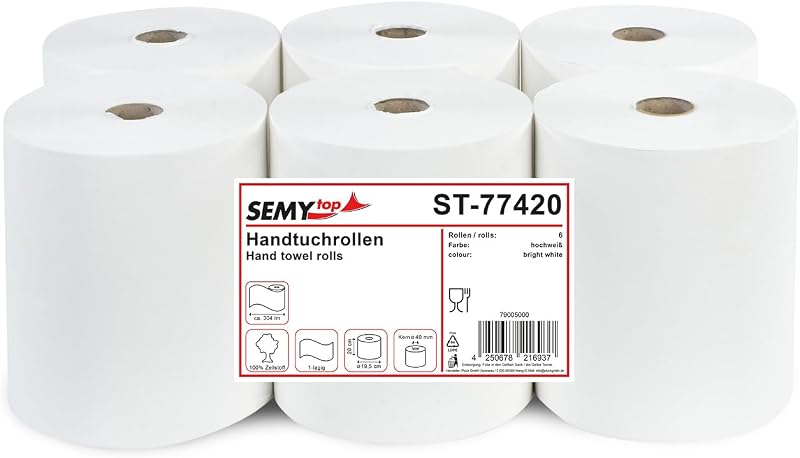 Pack of 6 Rolls of Hand Towels 1 Ply White Cellulose Diameter 19.5 cm 20 cm