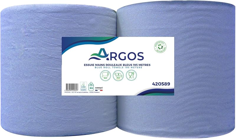 ARGOS - Hand towels - Blue rolls - Recycled cellulose - Optimal absorption - Food contact - 195M - Made in Fra