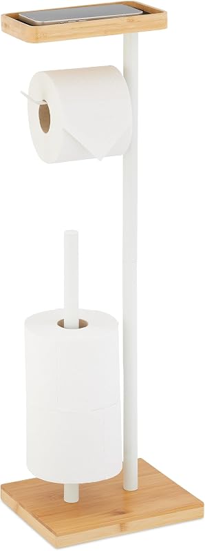 Relaxdays Toilet Paper Holder, Bamboo and Metal, 66.5 x 31 x 17 cm, for Bathroom, White and Nature