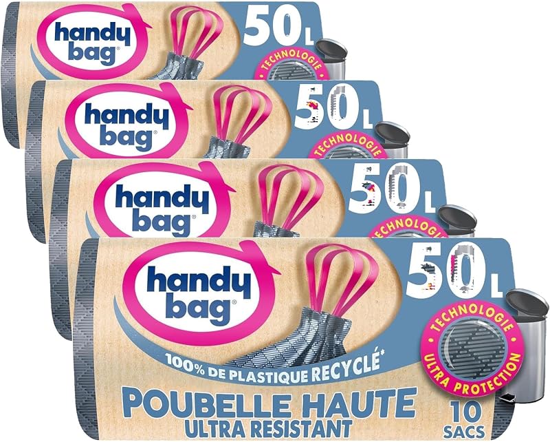 Handy Bag - Bin Liners for High Trash Can with Sliding Handles Heavy Duty & Maximum Seal, 80% Recycled Plastic