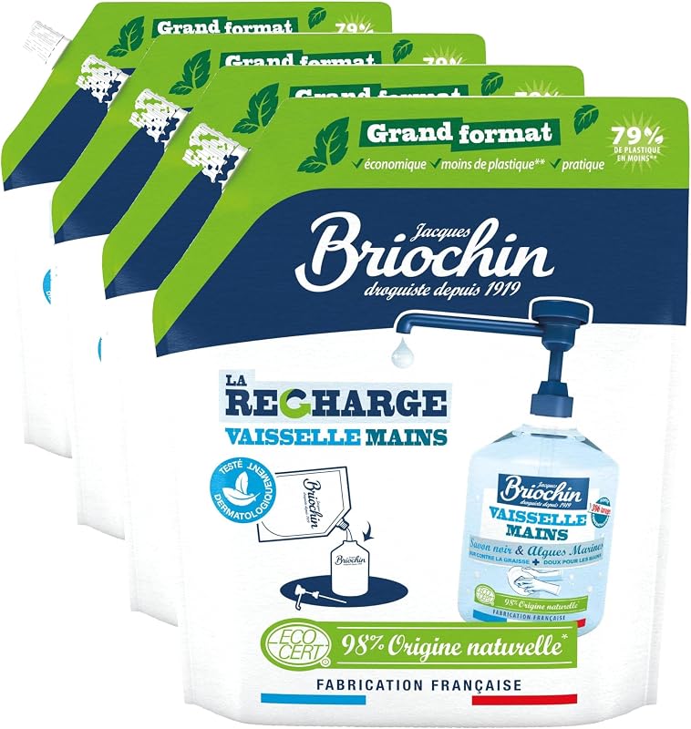 Jacques Briochin Ecocert Black Soap & Seaweed Washing Up Liquid Refill 900 ml (Pack of 4)