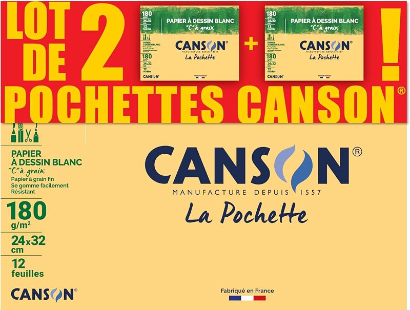 CANSON C à Grain Pack of 2 Pockets 12 Sheets of Drawing Paper 24 x 32 cm 180 g/m² White