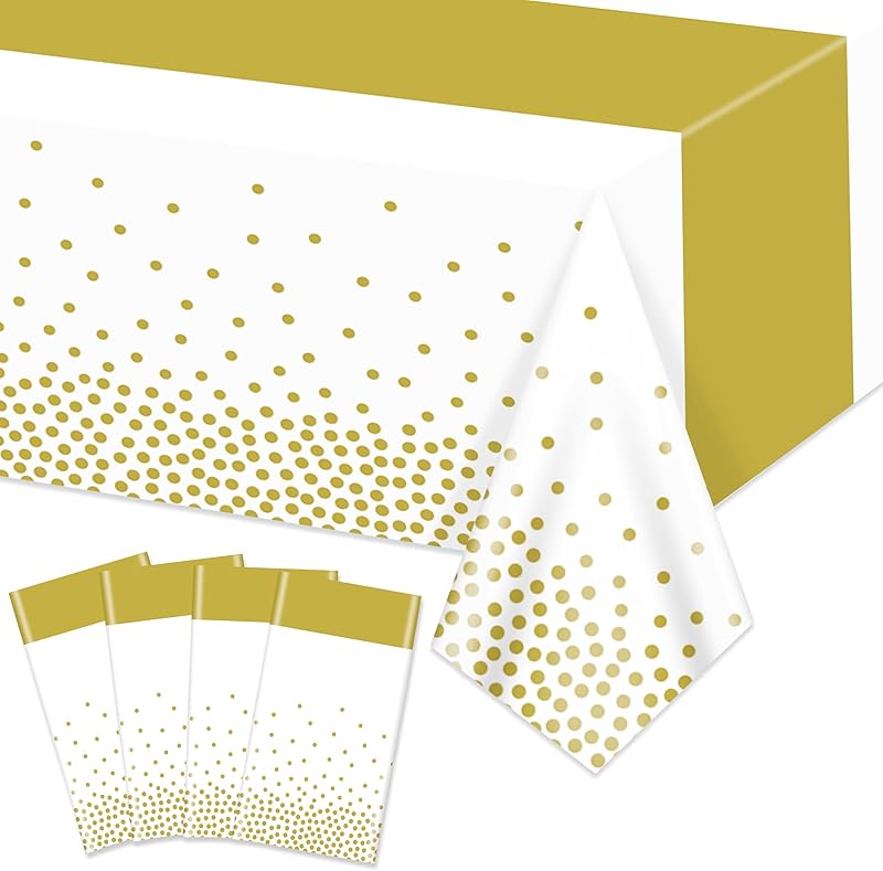 Hegbolke 4 Pack White and Gold Tablecloths - 220 x 130 cm, Gold Rectangular Table Cover for Wedding, Birthday,