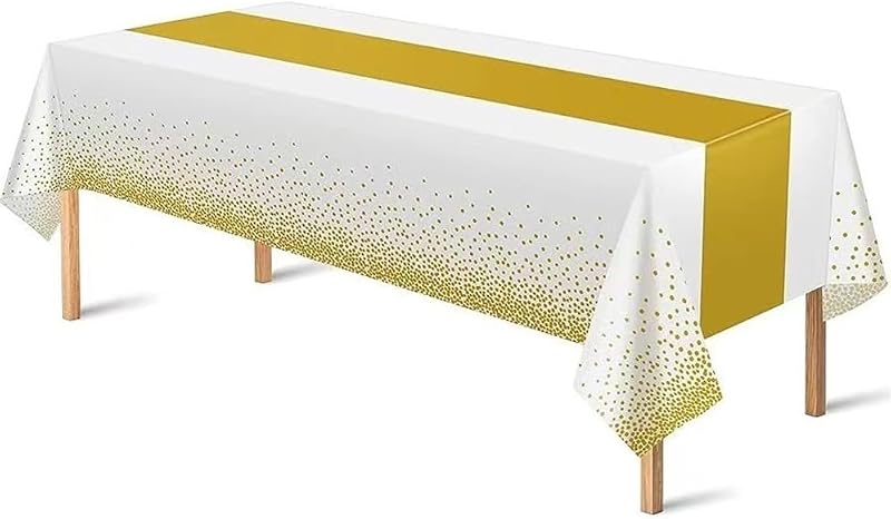 Disposable Plastic Tablecloths White and Gold and Satin Table Runner 54x108 Inches Wedding Table Cloth ZB17