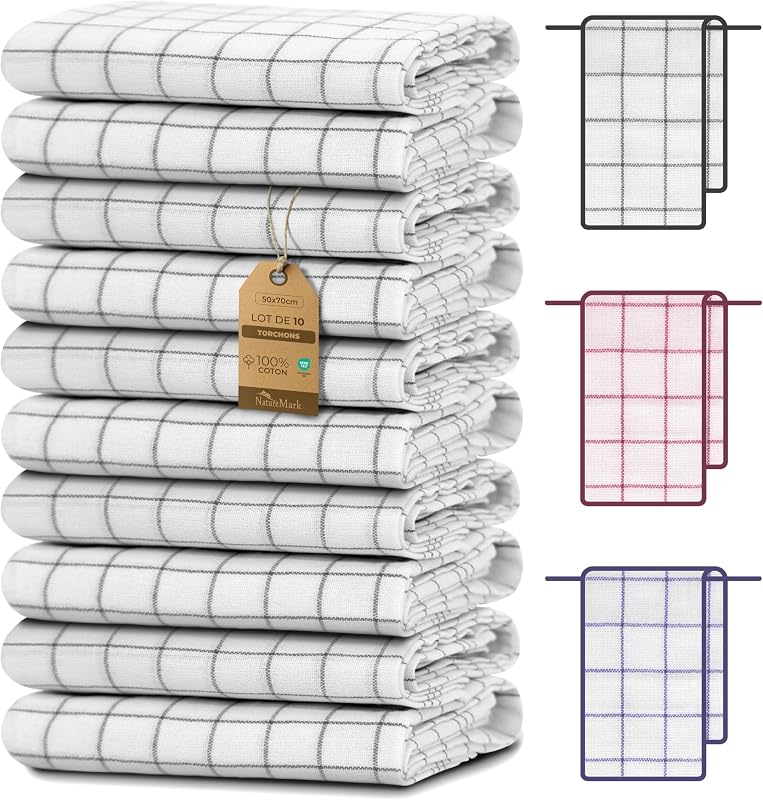 NatureMark Set of 10 Tea Towels 50 x 70 cm – 100% Cotton, Absorbent and Durable – Tea Towels for Home and Prof