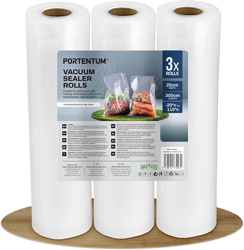 PORTENTUM Food Vacuum Bags 3 Rolls 20cm x 300cm (9m) Food Vacuum Roll for Food Preservation and Baking, BPA Fr
