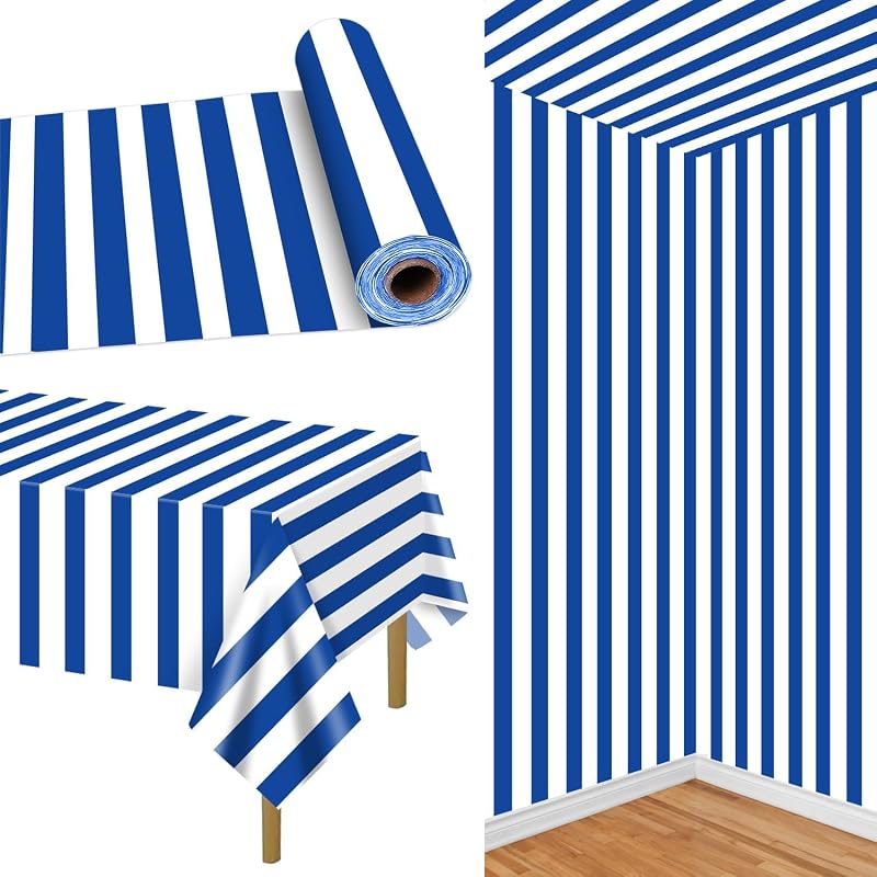 PIXHOTUL Blue and White Stripe Tablecloths Roll 100ft Nautical Blue Stripe Plastic Table Cover Table Decoratio